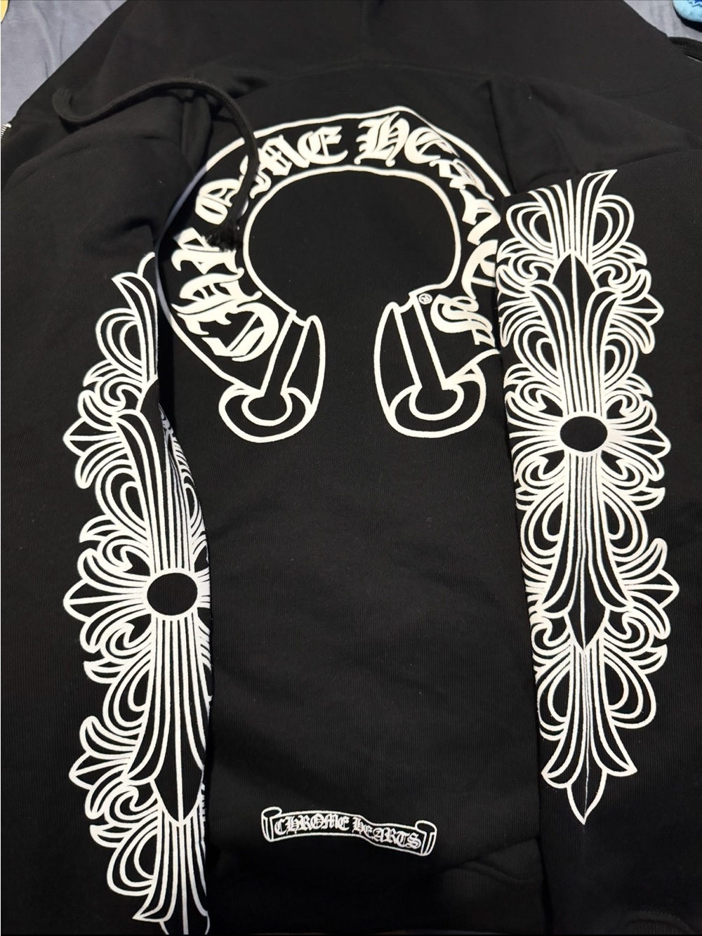 Chrome Hearts Black Hoodie with White Gothic Scroll Graphics